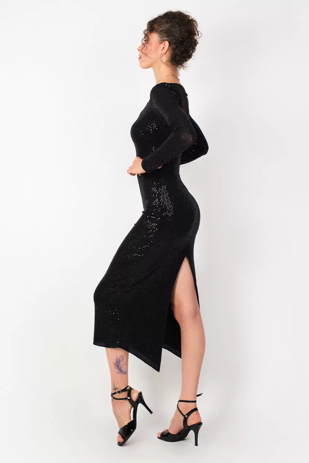 knee length dresses for ladies Long Sleeve Open Back Tango Dress With Organza Ruffles main image 0